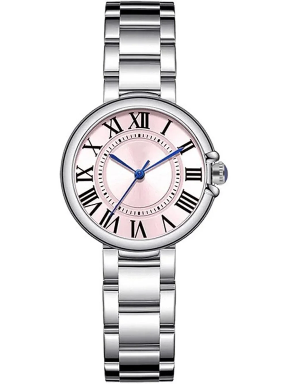 Women's Silver-Pink Classic Vintage Roman Numerals Dial Stainless Steel Watch